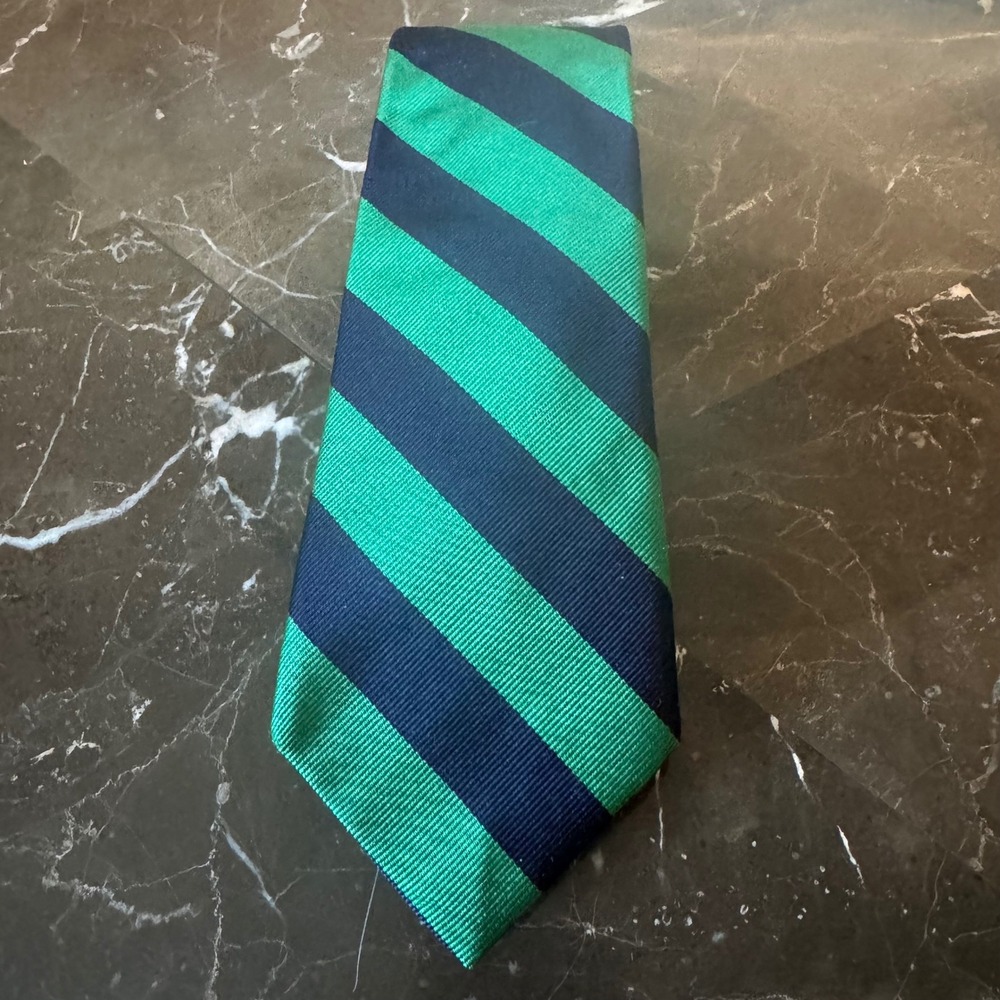 Lands End Mens Silk Tie Navy Blue Green Repp Stripe Hand Sewn USA Necktie